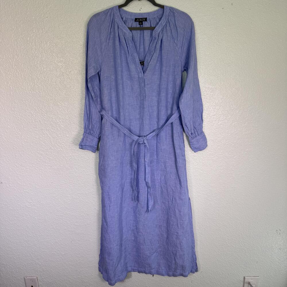 J Crew Dress Womens XXS Linen Belted V Neck Long Sleeve Popover Midi 2XS Blue